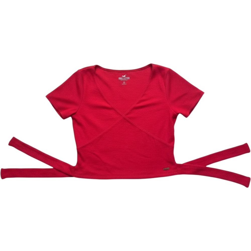 Hollister Red Ribbed Short Sleeve Wrap Top V-Neck Tie Waist Size Small
